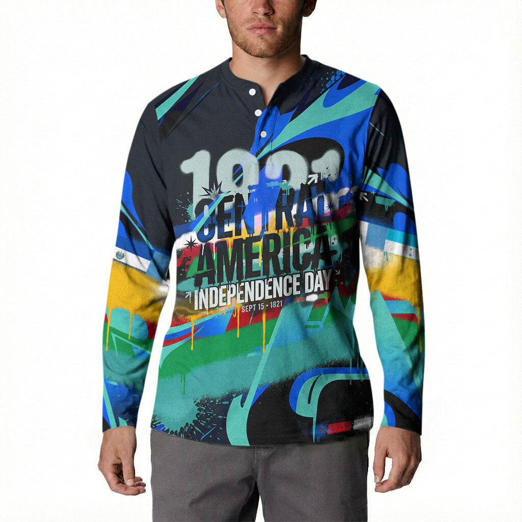 Central America Independence Day 1821 Button Sweatshirt Blue Black Graffiti Paint Splatter Parrot Map