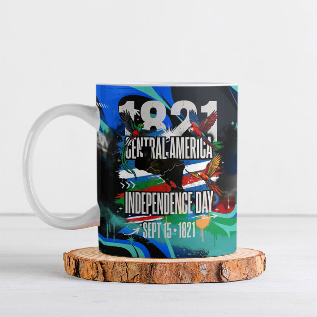 Central America Independence Day 1821 Ceramic Mug Blue Black Graffiti Paint Splatter Parrot Map