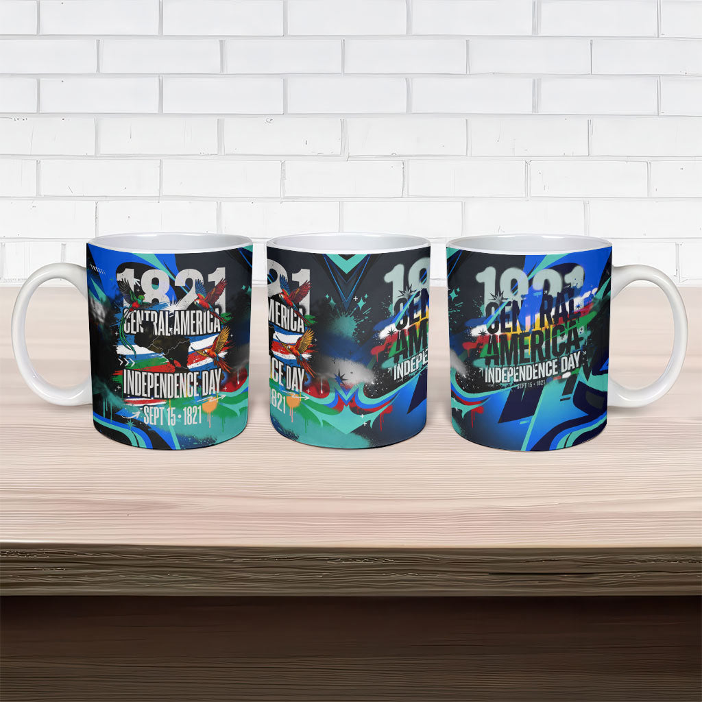 Central America Independence Day 1821 Ceramic Mug Blue Black Graffiti Paint Splatter Parrot Map
