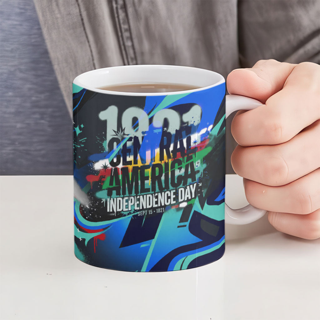 Central America Independence Day 1821 Ceramic Mug Blue Black Graffiti Paint Splatter Parrot Map