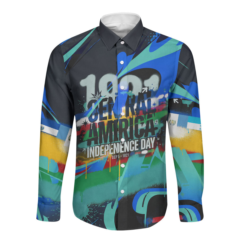 Central America Independence Day 1821 Long Sleeve Button Shirt Blue Black Graffiti Paint Splatter Parrot Map