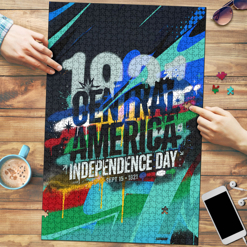 Central America Independence Day 1821 Puzzle Blue Black Graffiti Paint Splatter Parrot Map