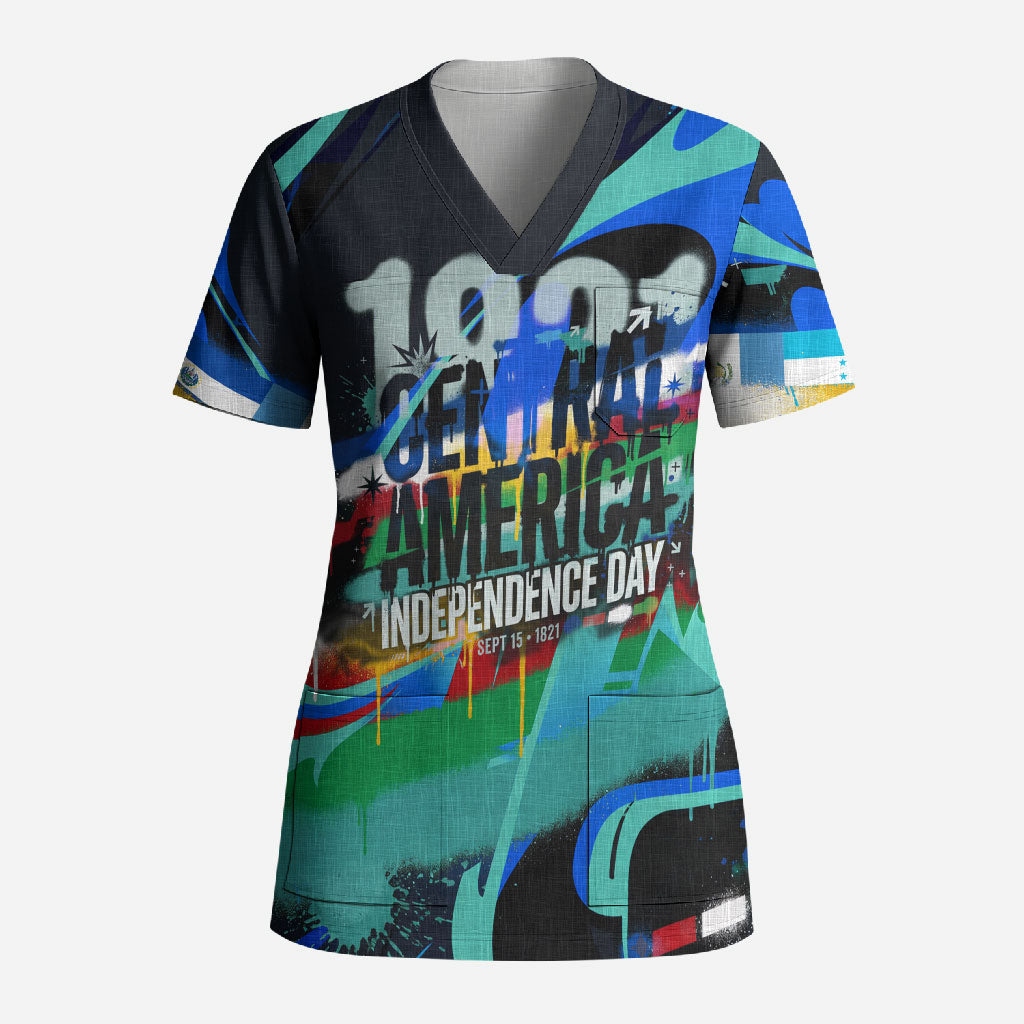 Central America Independence Day 1821 Scrub Top Blue Black Graffiti Paint Splatter Parrot Map