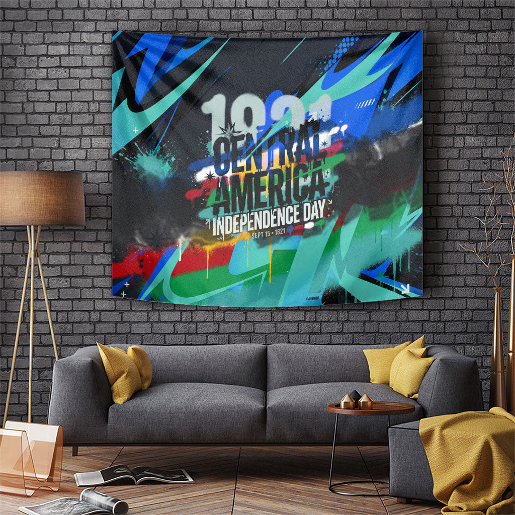 Central America Independence Day 1821 Tapestry Blue Black Graffiti Paint Splatter Parrot Map
