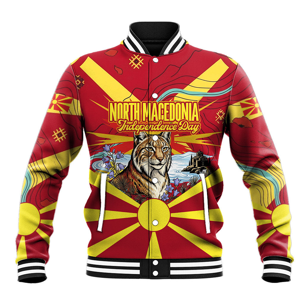 North Macedonia Independence Day Lynx Baseball Jacket Red Yellow Flag Sun Balkan Lynx Church