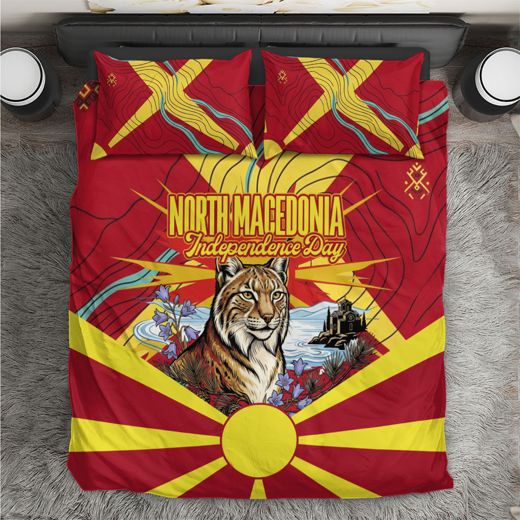 North Macedonia Independence Day Lynx Bedding Set Red Yellow Flag Sun Balkan Lynx Church