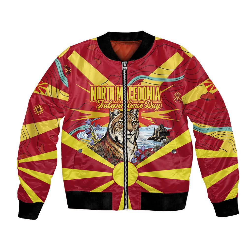 North Macedonia Independence Day Lynx Bomber Jacket Red Yellow Flag Sun Balkan Lynx Church