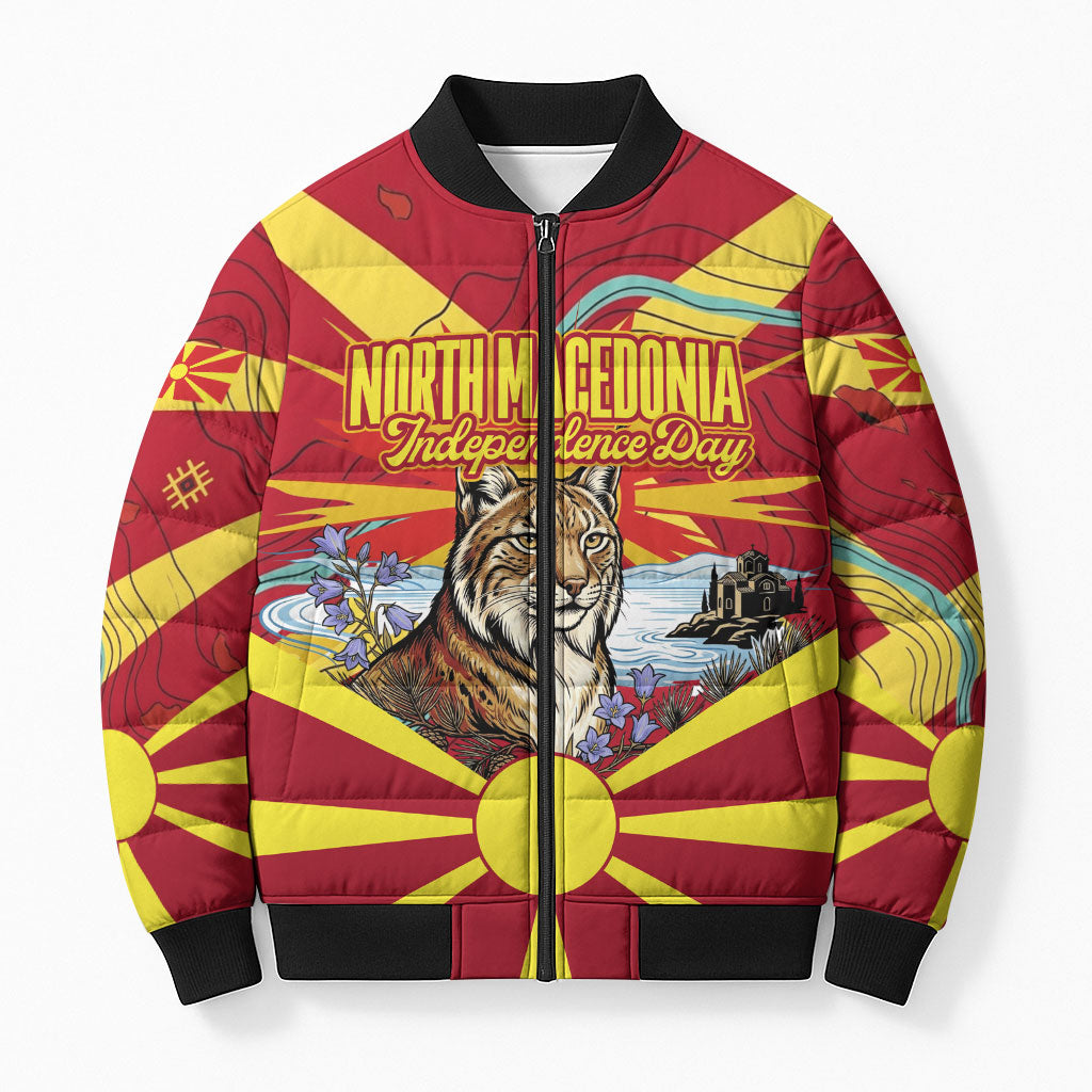 North Macedonia Independence Day Lynx Bomber Puffer Jacket Red Yellow Flag Sun Balkan Lynx Church