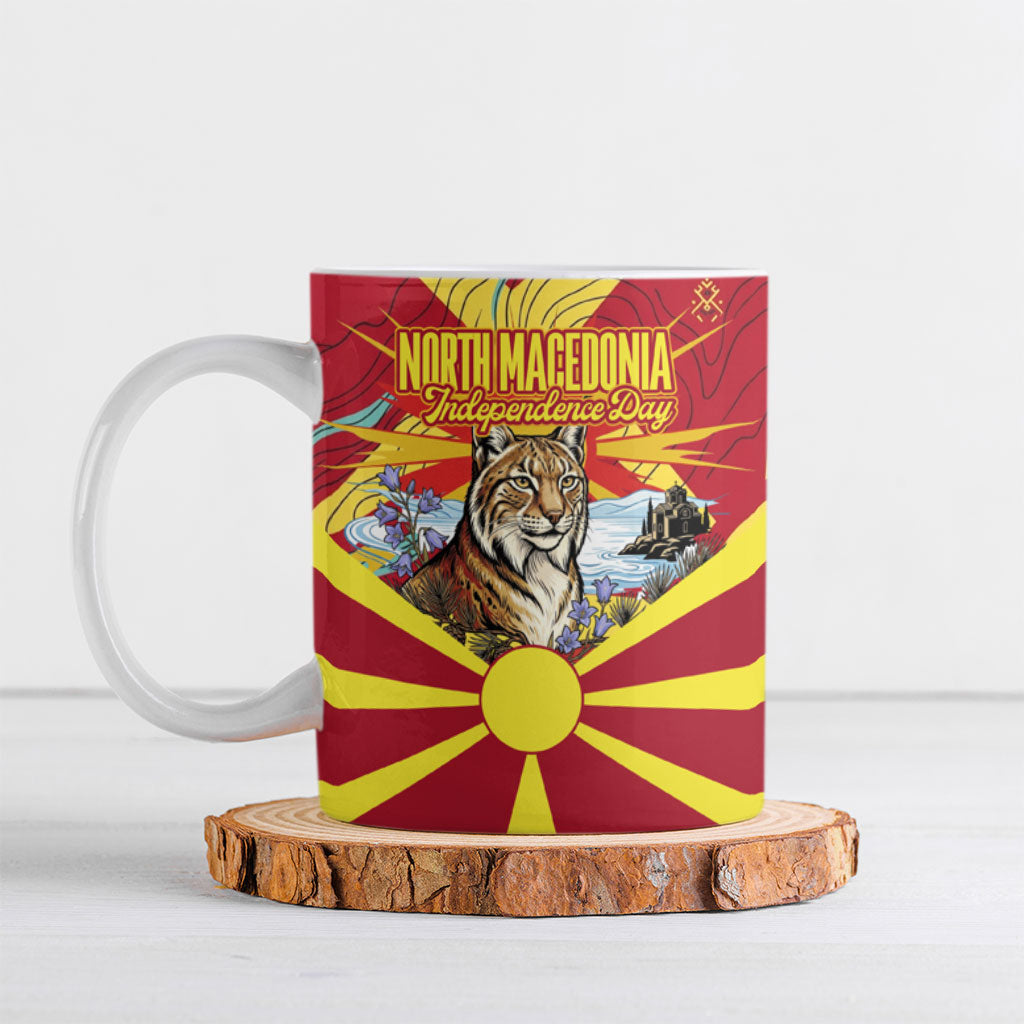 North Macedonia Independence Day Lynx Ceramic Mug Red Yellow Flag Sun Balkan Lynx Church