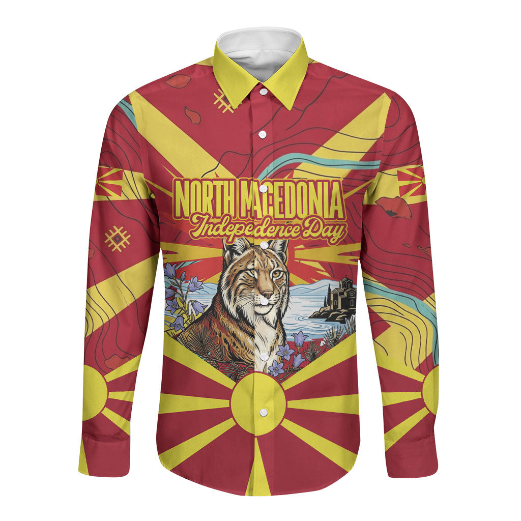 North Macedonia Independence Day Lynx Long Sleeve Button Shirt Red Yellow Flag Sun Balkan Lynx Church