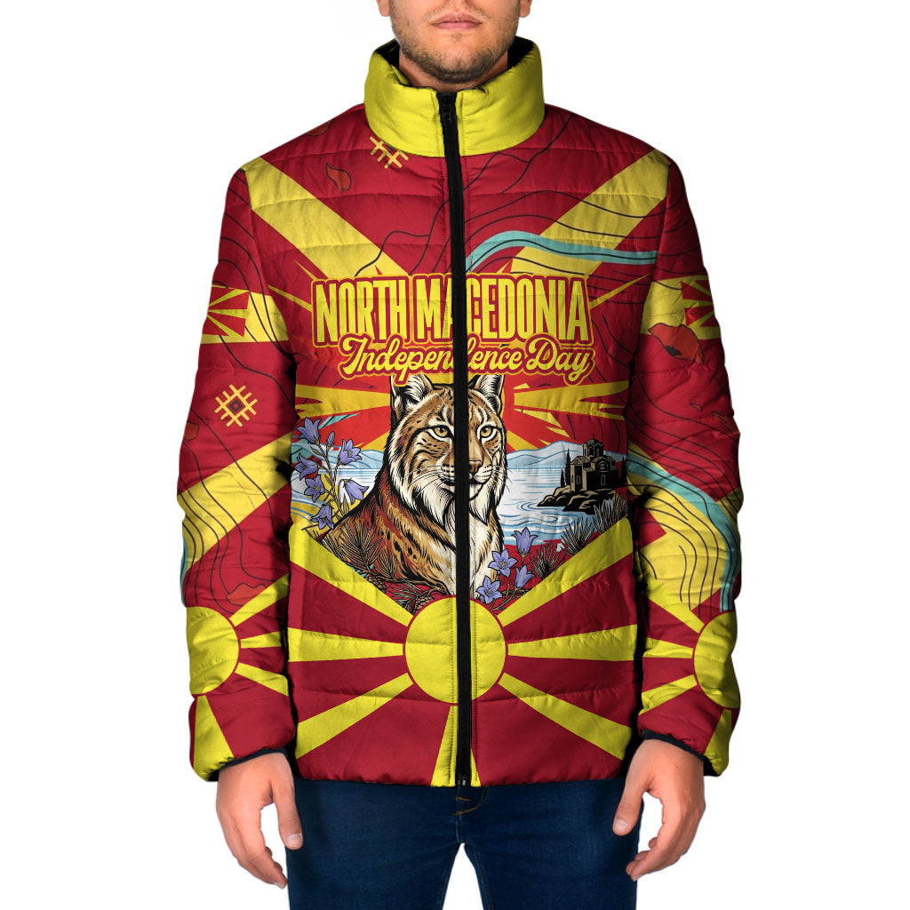 North Macedonia Independence Day Lynx Padded Jacket Red Yellow Flag Sun Balkan Lynx Church