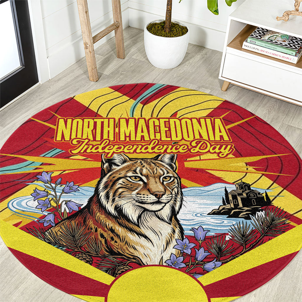 North Macedonia Independence Day Lynx Round Carpet Red Yellow Flag Sun Balkan Lynx Church