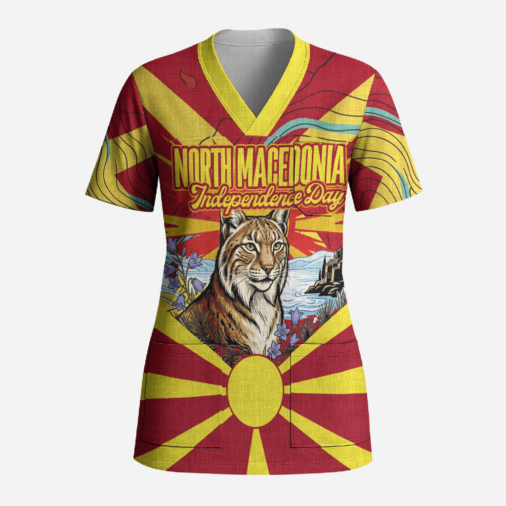 North Macedonia Independence Day Lynx Scrub Top Red Yellow Flag Sun Balkan Lynx Church