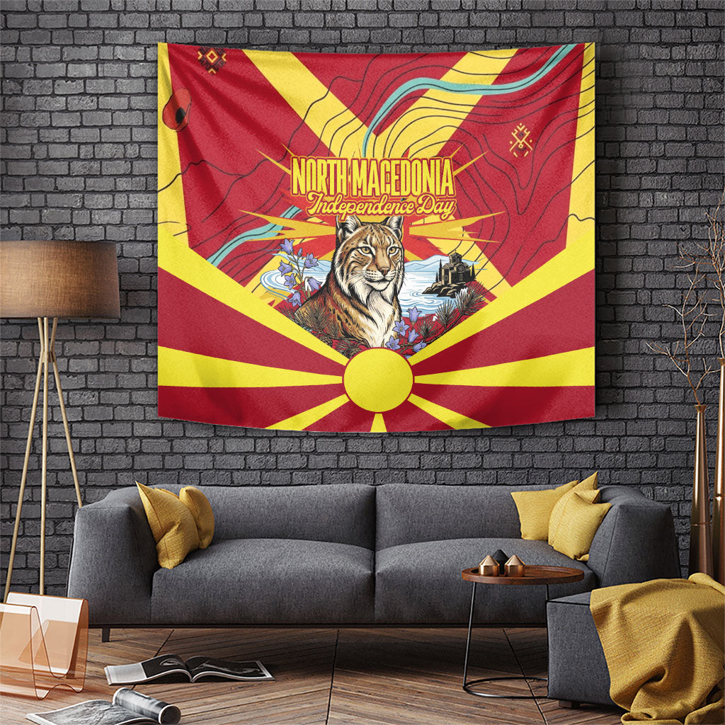 North Macedonia Independence Day Lynx Tapestry Red Yellow Flag Sun Balkan Lynx Church