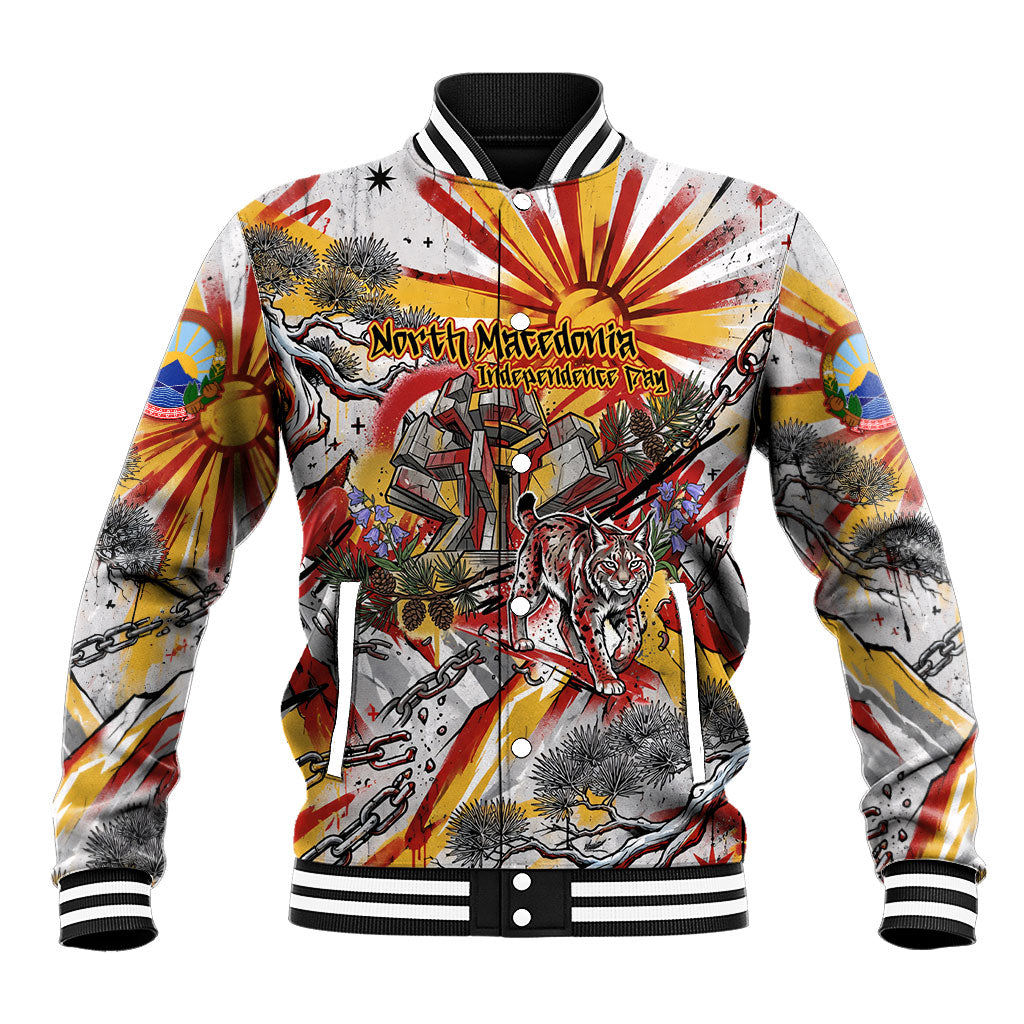 North Macedonia Independence Day Lynx Baseball Jacket Red Yellow Flag Sun Balkan Lynx Monument Heritage