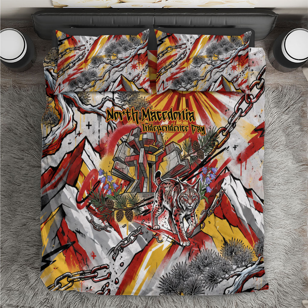 North Macedonia Independence Day Lynx Bedding Set Red Yellow Flag Sun Balkan Lynx Monument Heritage