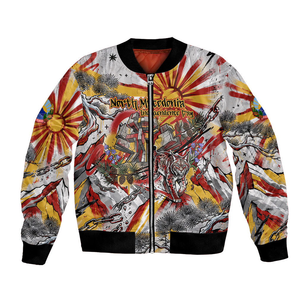 North Macedonia Independence Day Lynx Bomber Jacket Red Yellow Flag Sun Balkan Lynx Monument Heritage