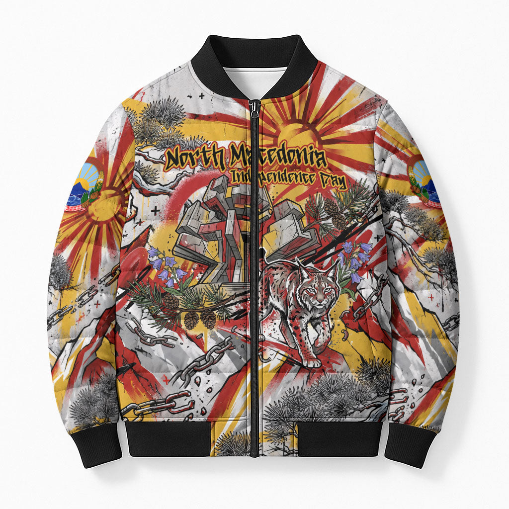 North Macedonia Independence Day Lynx Bomber Puffer Jacket Red Yellow Flag Sun Balkan Lynx Monument Heritage