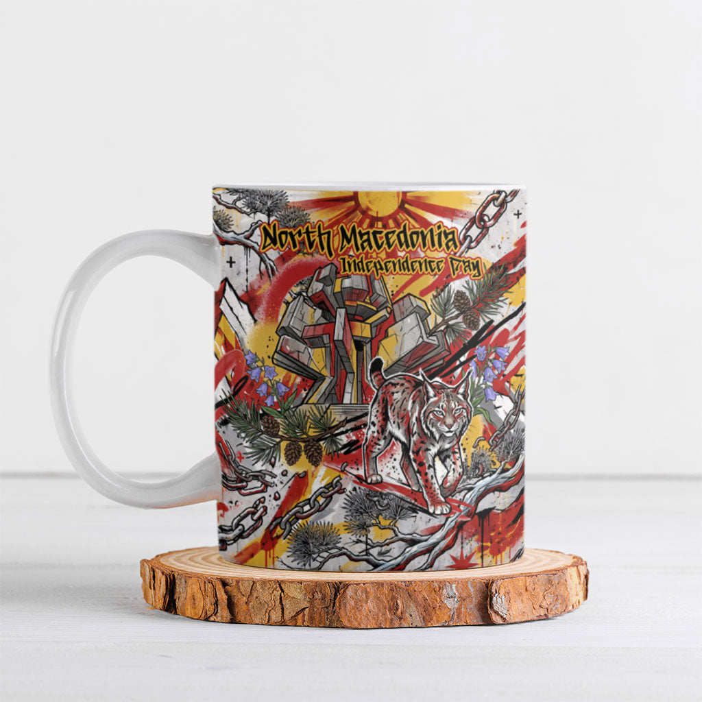 North Macedonia Independence Day Lynx Ceramic Mug Red Yellow Flag Sun Balkan Lynx Monument Heritage