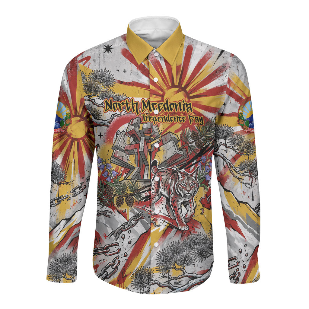 North Macedonia Independence Day Lynx Long Sleeve Button Shirt Red Yellow Flag Sun Balkan Lynx Monument Heritage