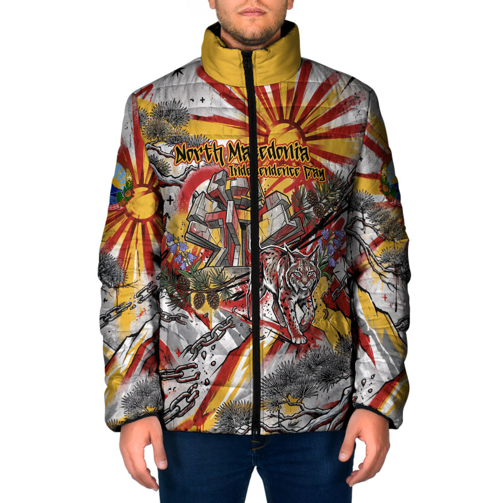 North Macedonia Independence Day Lynx Padded Jacket Red Yellow Flag Sun Balkan Lynx Monument Heritage