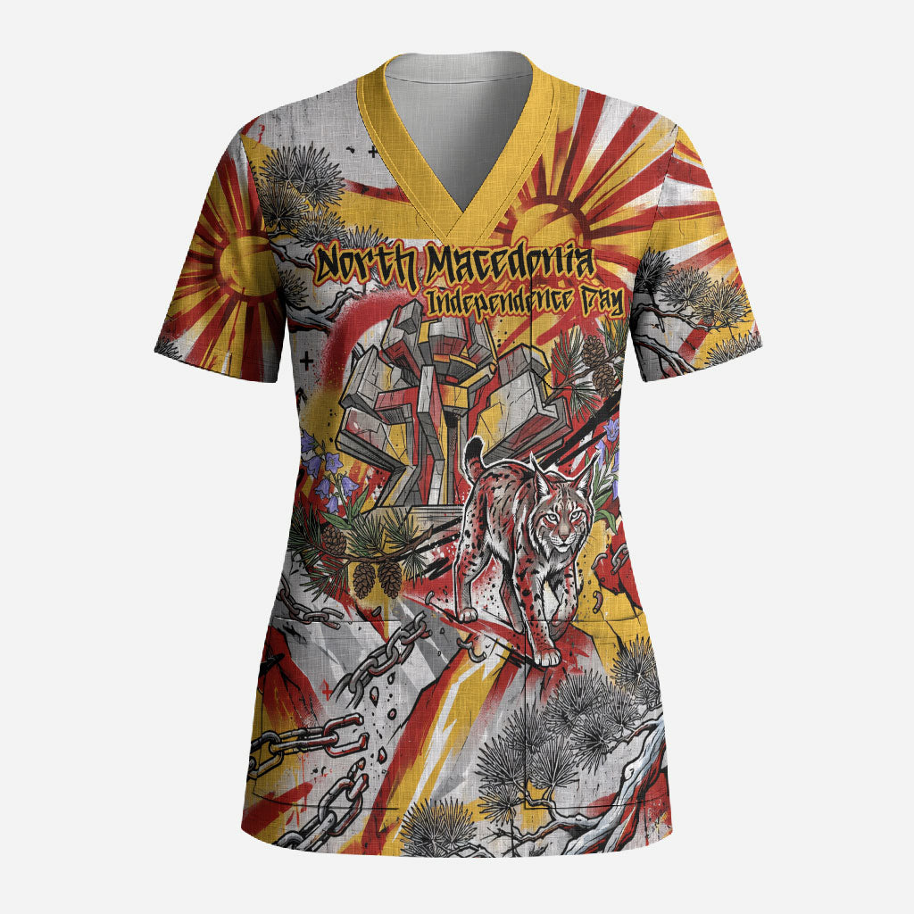 North Macedonia Independence Day Lynx Scrub Top Red Yellow Flag Sun Balkan Lynx Monument Heritage