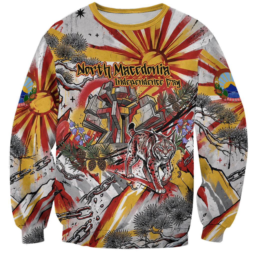 North Macedonia Independence Day Lynx Sweatshirt Red Yellow Flag Sun Balkan Lynx Monument Heritage
