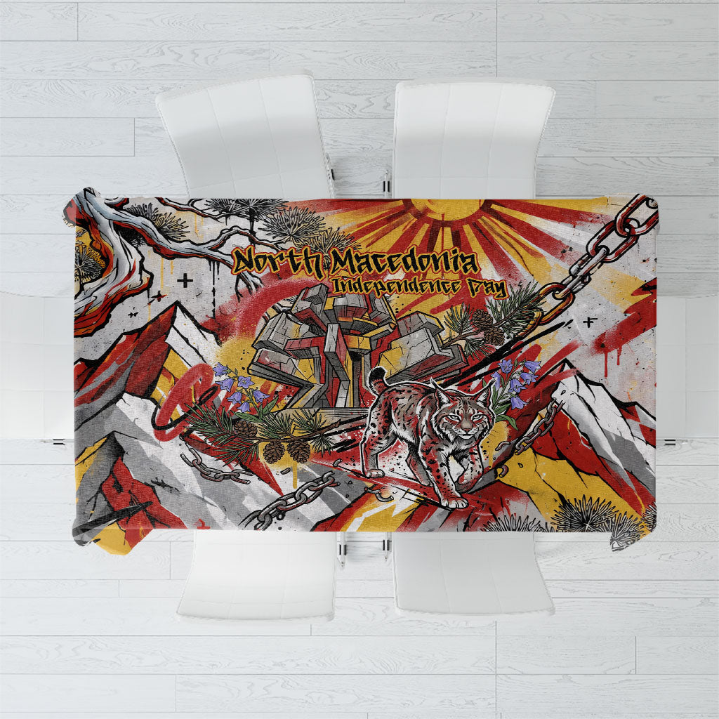 North Macedonia Independence Day Lynx Tablecloth Red Yellow Flag Sun Balkan Lynx Monument Heritage