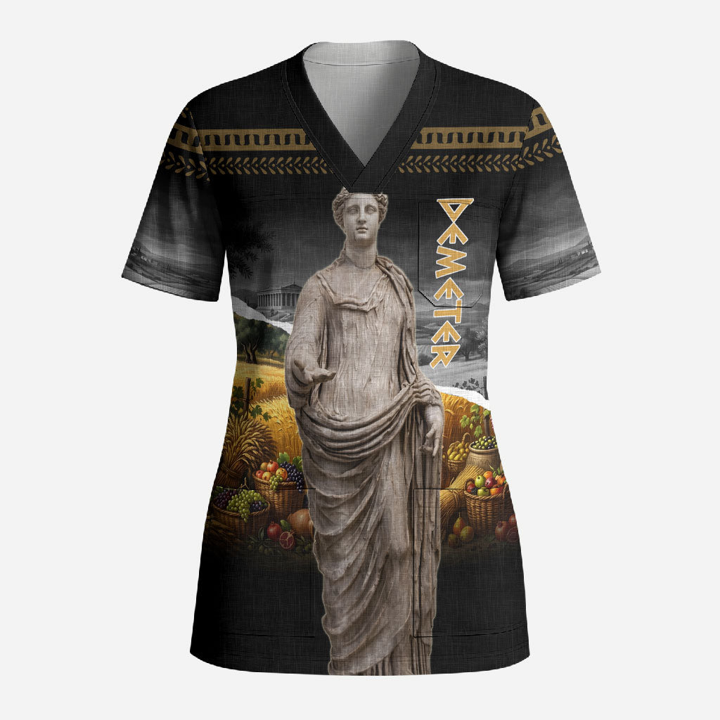 Greek Goddess Demeter Scrub Top Ancient Greece Mythology Classical Harvest Statue Art