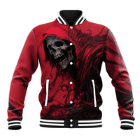 Red unisex baseball jacket with skull graphic, button front, striped cuffs and hem.