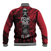 Red unisex baseball jacket, back skull print with slogan, striped collar, cuffs, ribbed hem.