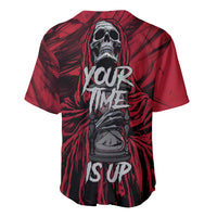 Red baseball jersey back with hooded skull, 'YOUR TIME' and 'STUD' text