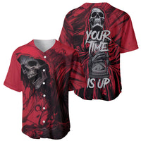 Red baseball jersey front and back view with skull art and bold text