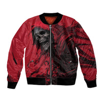 Red bomber jacket with skull graphic, front zip, ribbed collar and cuffs