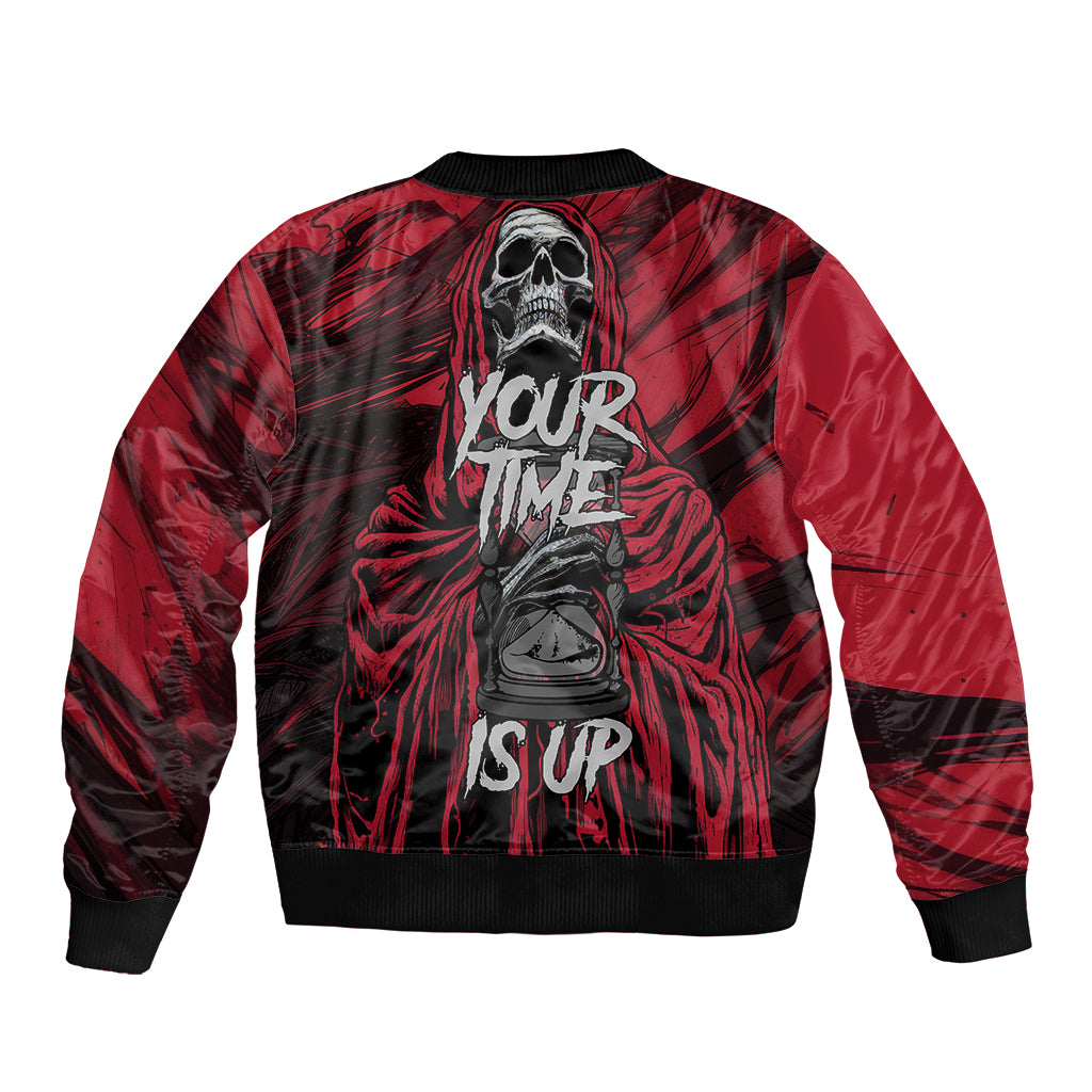 Red and black bomber jacket with large back skull graphic, ribbed hem and cuffs