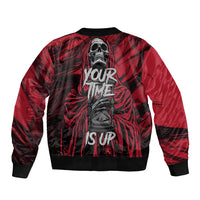 Red and black bomber jacket with large back skull graphic, ribbed hem and cuffs