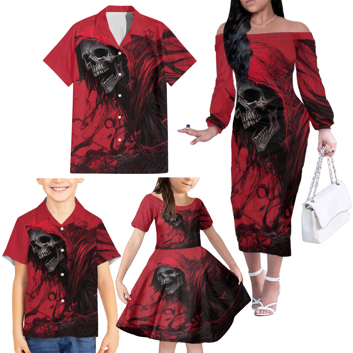 Skull Death Family Matching Off Shoulder Long Sleeve Dress and Hawaiian Shirt Your Time - Wonder Print Shop