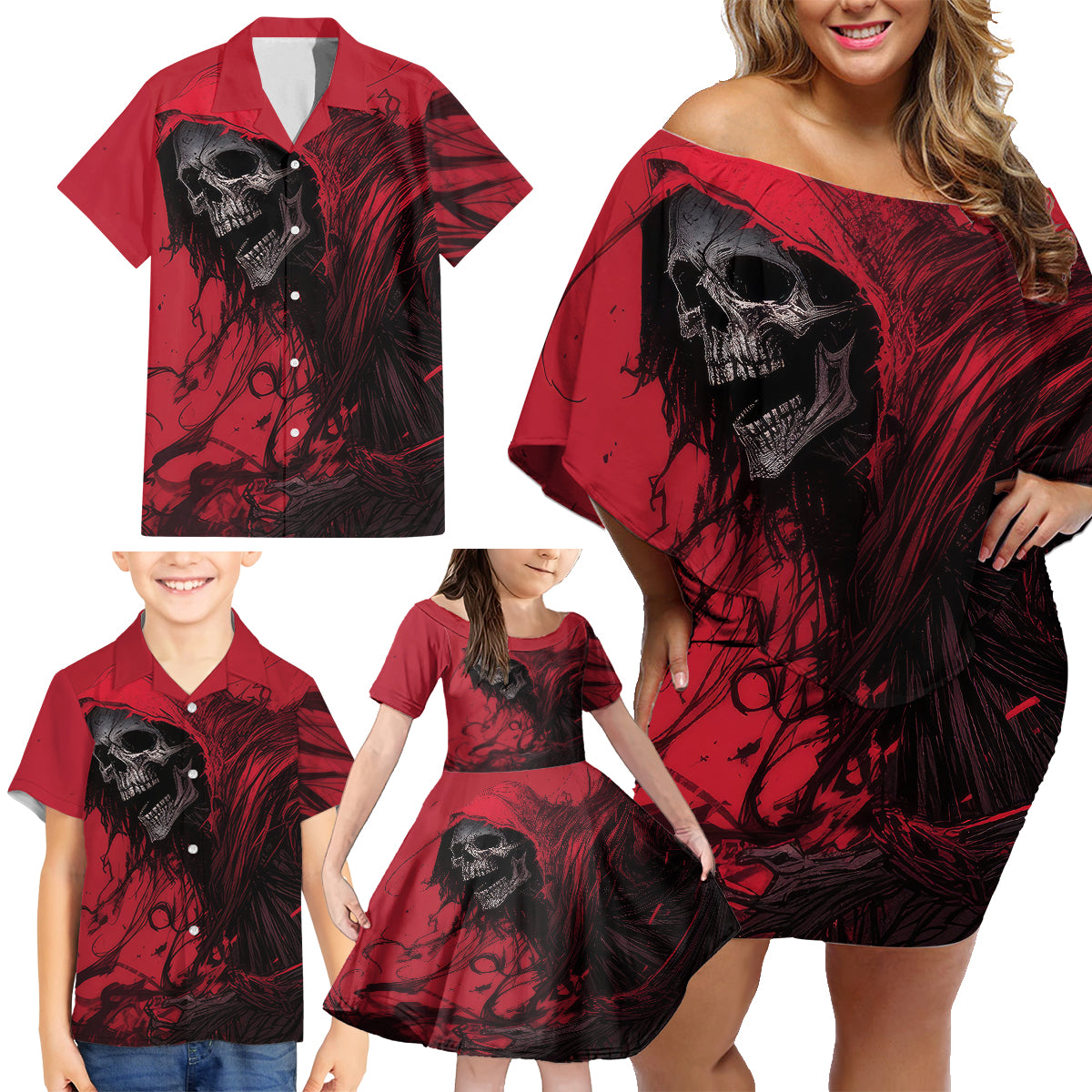 Skull Death Family Matching Off Shoulder Short Dress and Hawaiian Shirt Your Time - Wonder Print Shop