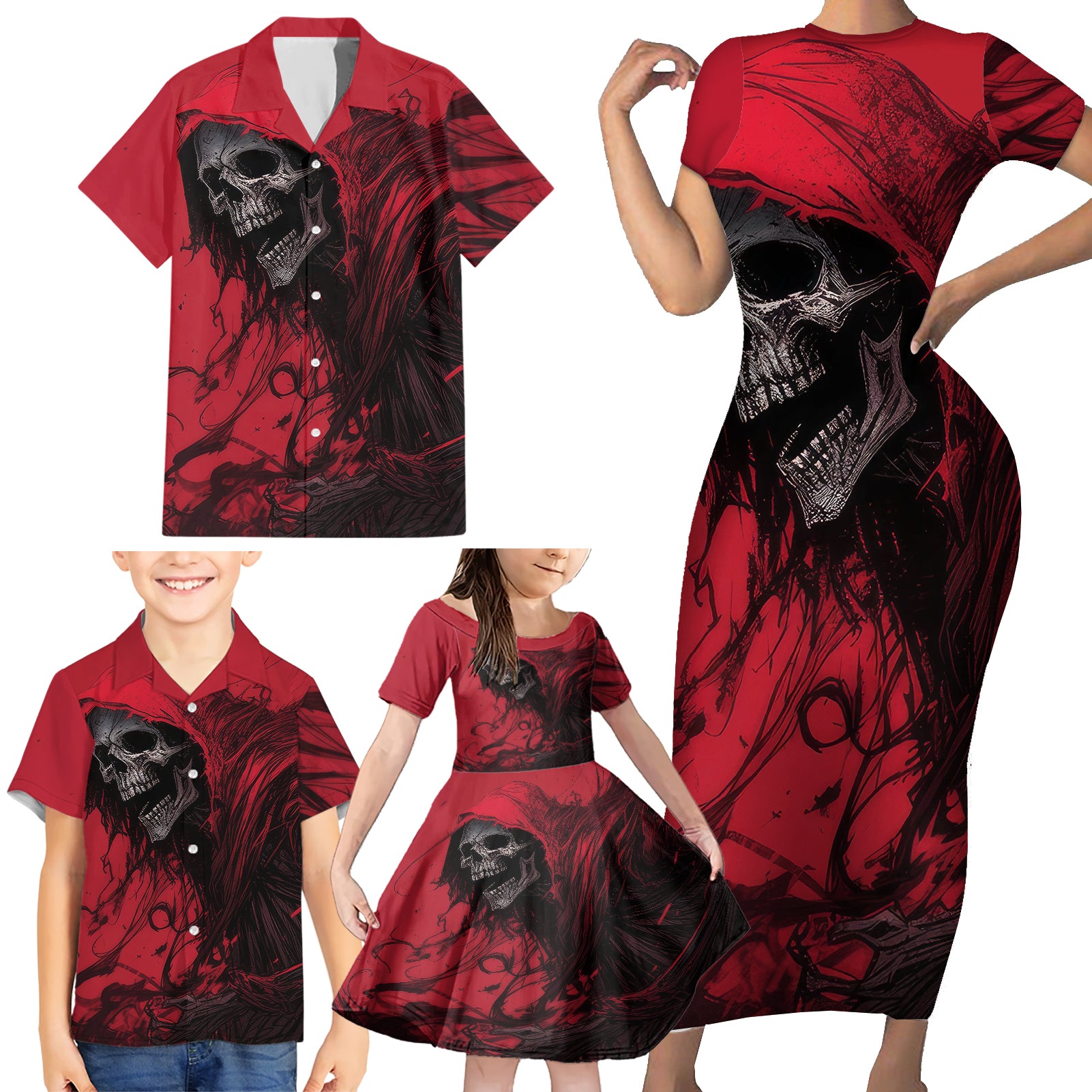 Skull Death Family Matching Short Sleeve Bodycon Dress and Hawaiian Shirt Your Time - Wonder Print Shop