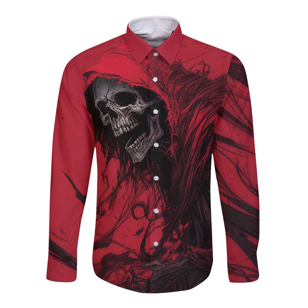 Unisex red long sleeve button shirt with skull graphic front