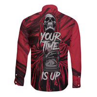 Unisex red long sleeve button shirt with skull graphic on back