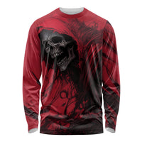 Red long-sleeve shirt with black skull graphic and abstract lines, crew neck.