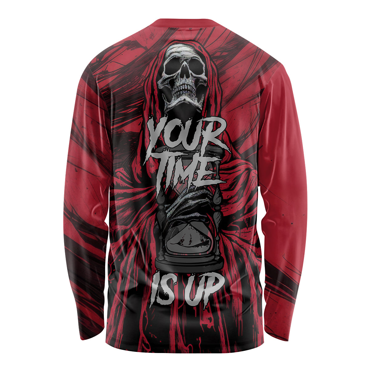 Red long-sleeve shirt with large back skull graphic and text-like design, crew neck.