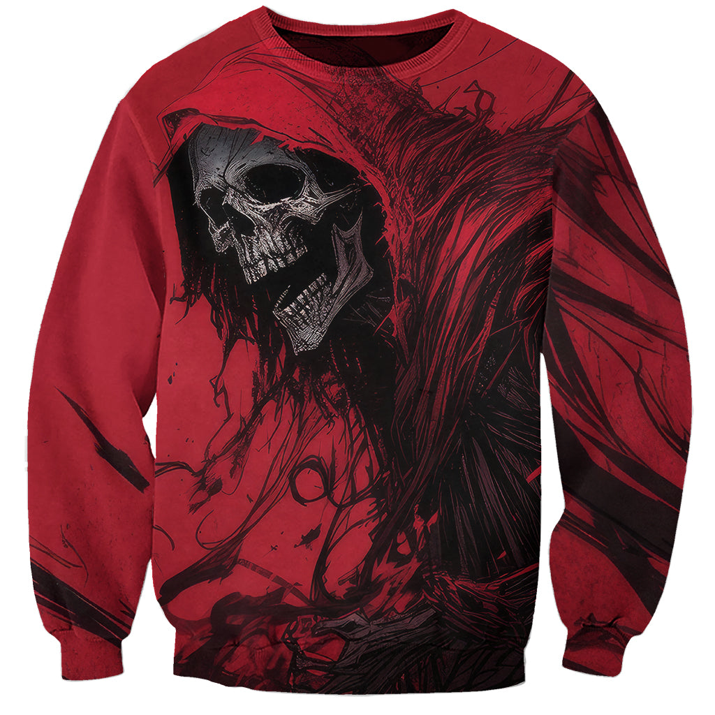 Red unisex crewneck sweatshirt with large skull graphic print on front