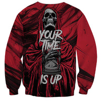 Red unisex crewneck sweatshirt with hooded skull graphic and bold lettering on back