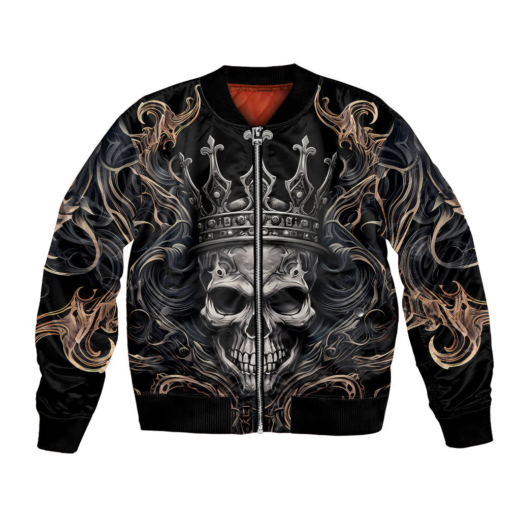Black bomber jacket with front zip and detailed skull crown graphic in gold and gray