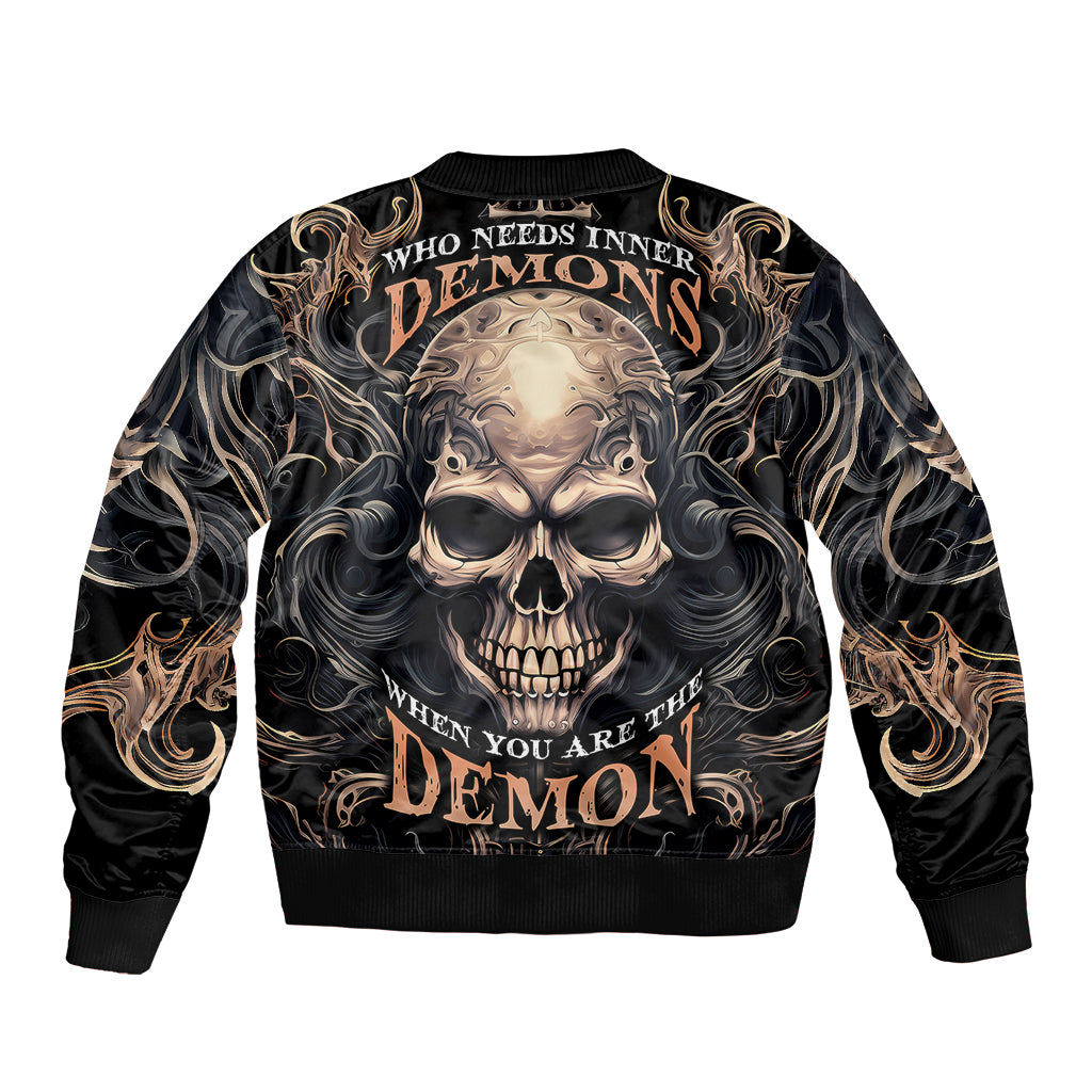Black bomber jacket with back skull graphic and ornate flames, ribbed cuffs and hem