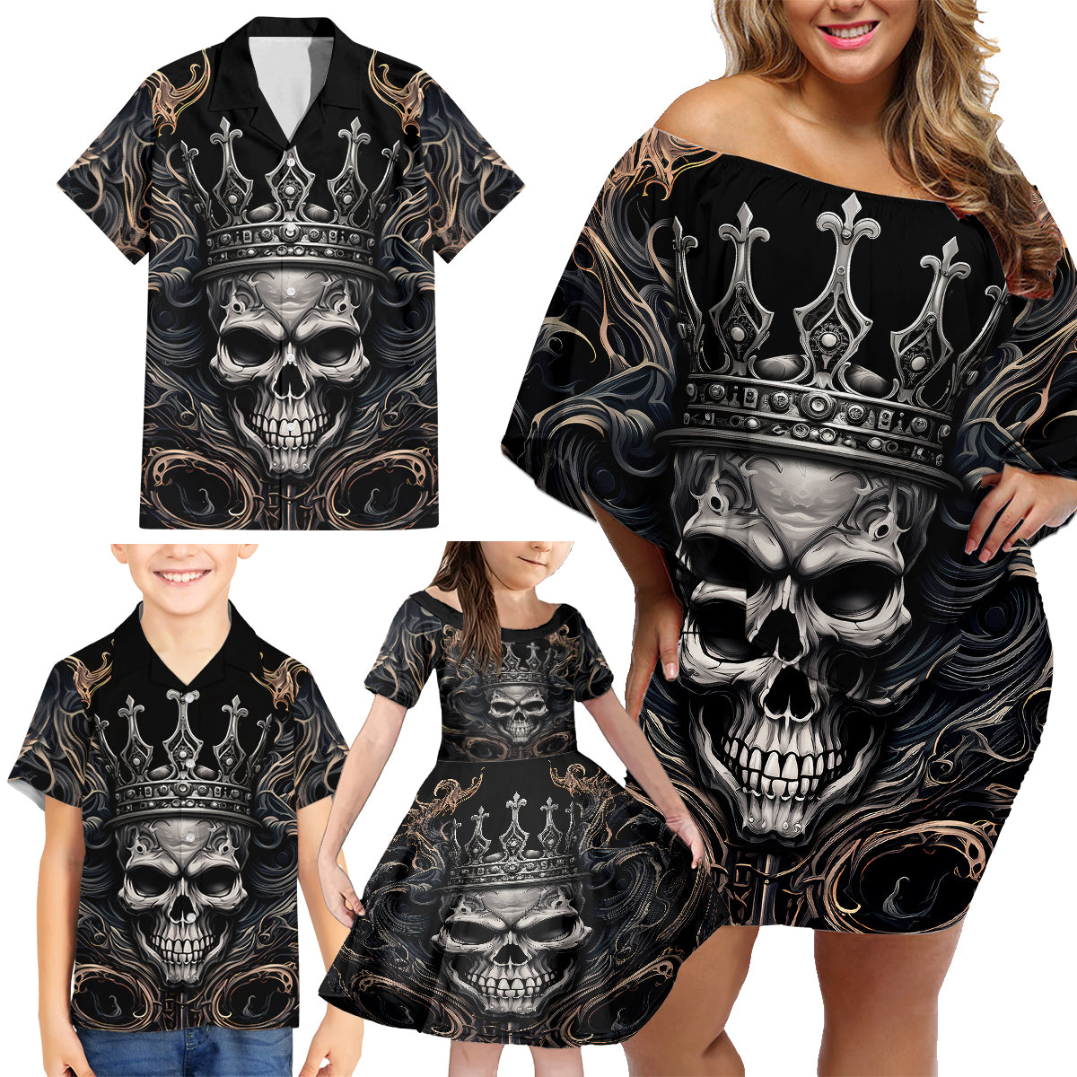 Skull Fantasy Family Matching Off Shoulder Short Dress and Hawaiian Shirt Who Needs Inner Demons When You Are The Demon - Wonder Print Shop