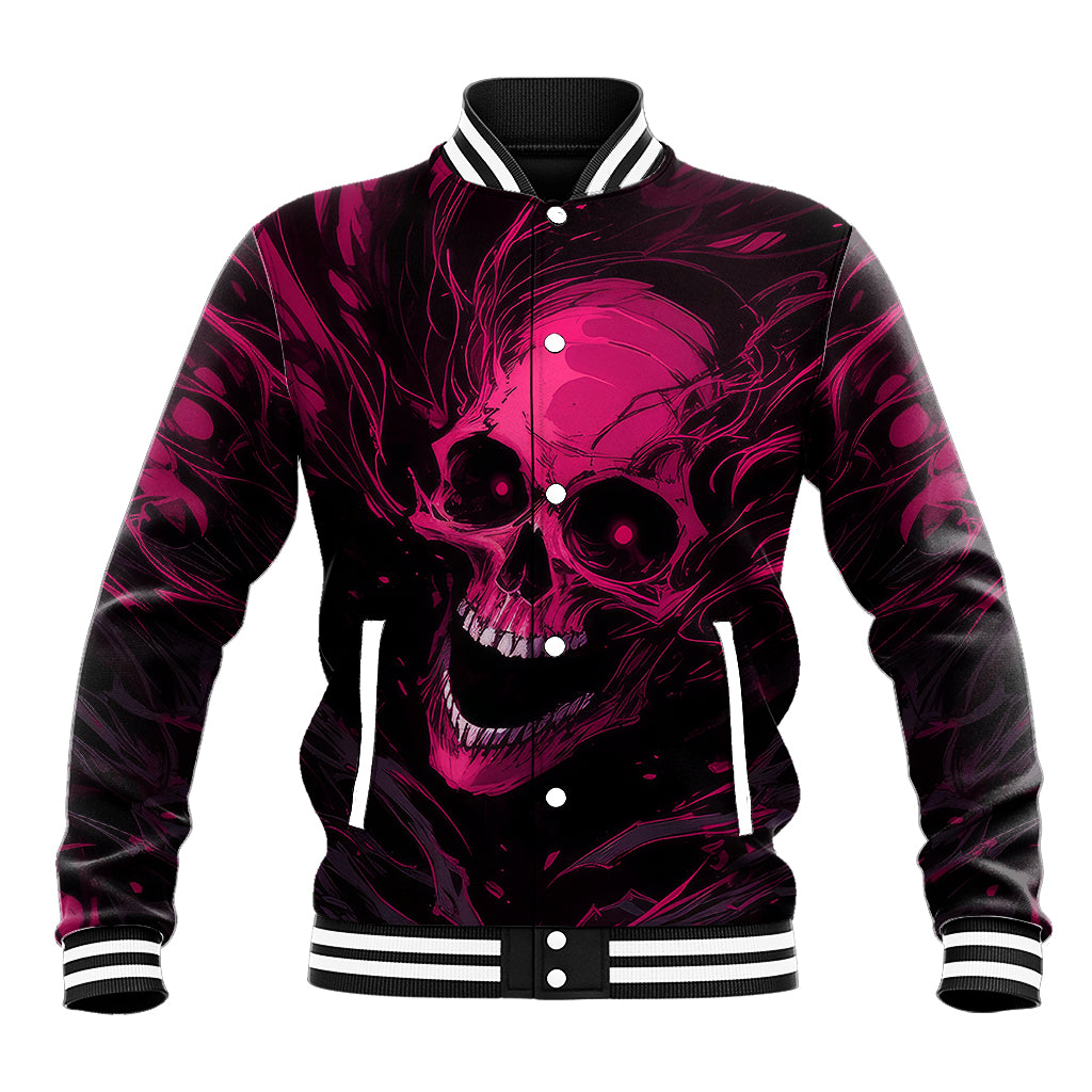 Purple skull graphic baseball jacket with black pink accents, button front and striped collar