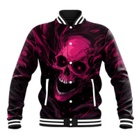 Purple skull graphic baseball jacket with black pink accents, button front and striped collar